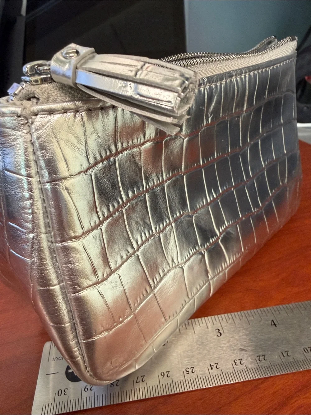 MZ WALLACE Silver Croc-Embossed Leather Zip Pouch -women Bags